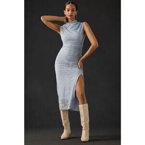 NWT Anthropologie The Maya Ruched Cowl-Neck Dress Size XLP Lace Sky #MC438